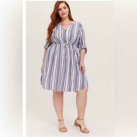 Torrid Blue/White Stripe Zip Front Preppy Drawstring Shirt Dress Size M/L - Picture 1 of 10